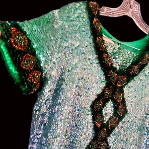 Vintage Sequin Beaded Green Skirt Set Size L 60s NWOT Cocktail Evening Wear